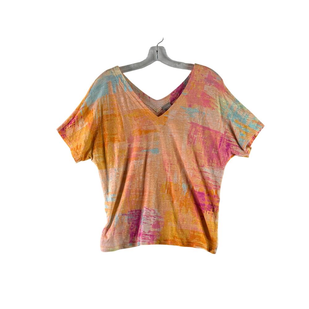 Chico's Short Sleeve V Neck Linen Pullover Top 1 Medium Orange Pink Lightweight